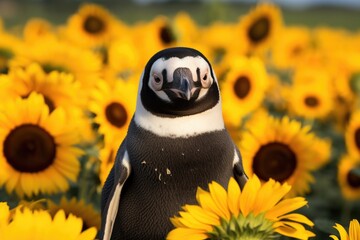 Curious penguin in field of sunflowers