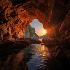 Breathtaking sunset view through cave arch over serene waters