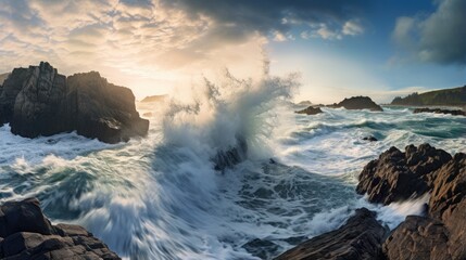 Powerful waves crashing against rocky coastline at sunset