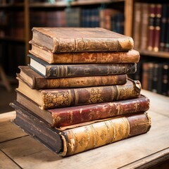 Antique books on wooden shelf