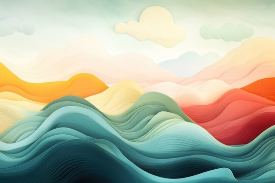 Vibrant abstract landscape with rolling hills and clouds