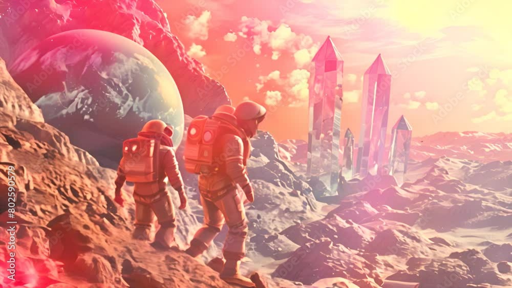 Wall mural astronauts exploring alien planet with crystals with ai generated.
