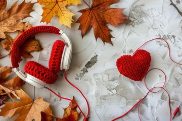 headphones with red knitted heart, autumn maple leaves and copy space. Top view, flat lay. Music for autumn mood - generative ai