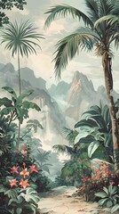 Fototapeta na wymiar Jungle Paradise: Vintage Wallpaper with Exotic Plants and Misty Mountains