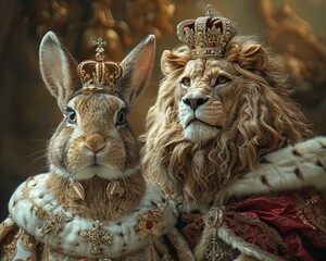 A whimsical scene of a rabbit in royal attire, wearing a crown and a lion sitting beside it 8K , high-resolution, ultra HD,up32K HD - obrazy, fototapety, plakaty