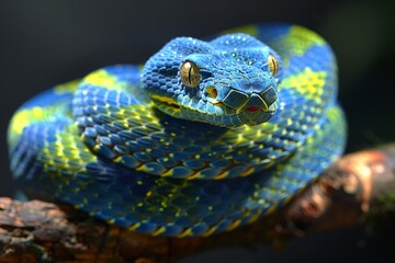 Fototapeta premium The Blue Pit Viper, known for its sleek body and stunningly blue scales, rests coiled on a branch