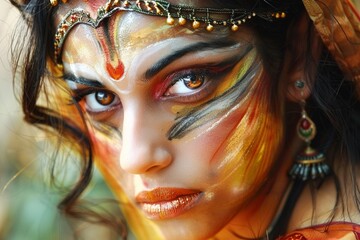 An Indian young woman adorned with a traditional mask, highlighting the richness of her cultural heritage
