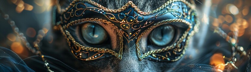 A captivating portrait of a cat in an ornate masquerade mask, showcasing its charm and allure 8K , high-resolution, ultra HD,up32K HD