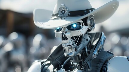 Fototapeta premium A cybercowboy robot dressed in a futuristic cowboy outfit, complete with hightech accessories 8K , high-resolution, ultra HD,up32K HD