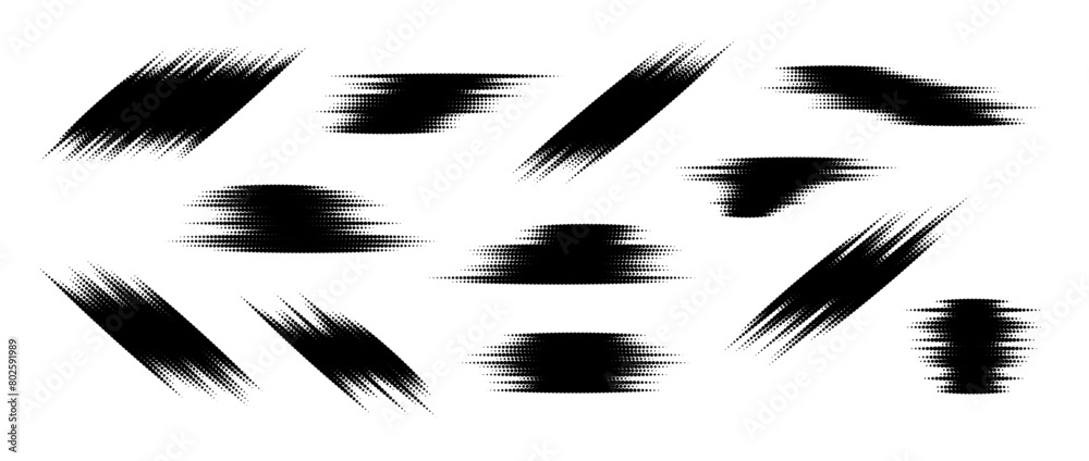 Poster Halftone glitch element set. Dotted textured different forms collection. Grunge abstract halftone spikey shapes for print, banner, poster, collage, overlay, label, tag. Distressed grunge vector pack