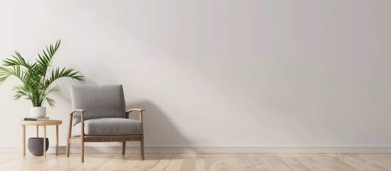 Place a plant beside the grey armchair in a simple living room setting with a table and empty wall space.