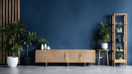  Living room with cabinet for tv on dark blue color wall background 