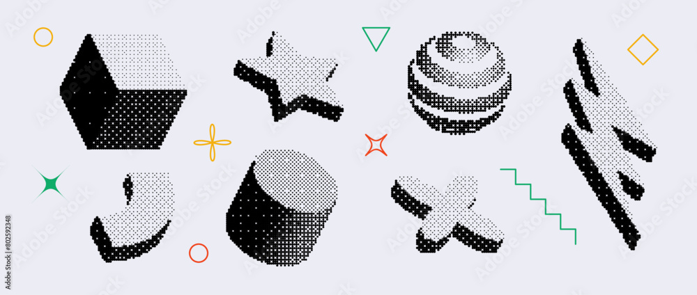 Poster bitmap textured shape set. dither halftone geometric object collection. black sphere, cube, arc, cyl