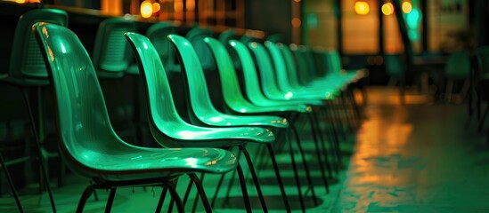 Chairs lined up in a row in a bar illuminated by green lights.