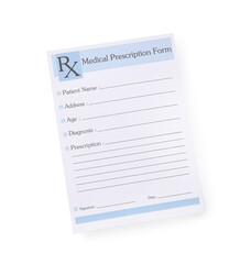 Medical prescription form isolated on white, top view
