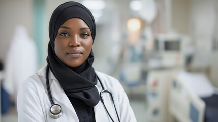 African American female doctor wearing hijab and a white coat, standing in a hospital room with a blurred background. Healthcare worker diversity concept