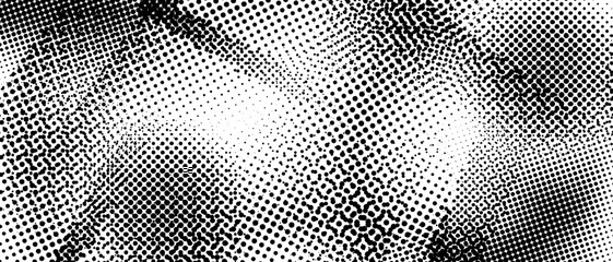 Halftone grunge texture. Distorted rough dirty scratched background. Dotted glitch punk textured wallpaper for banner, poster, flyer, print, overlay, magazine. Distress scuffed vector grunge backdrop