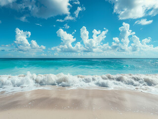 view of white beach with wave and blue sky background - ai - Powered by Adobe