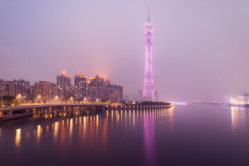 Evening view of city district by Pearl river. Guangzhou.