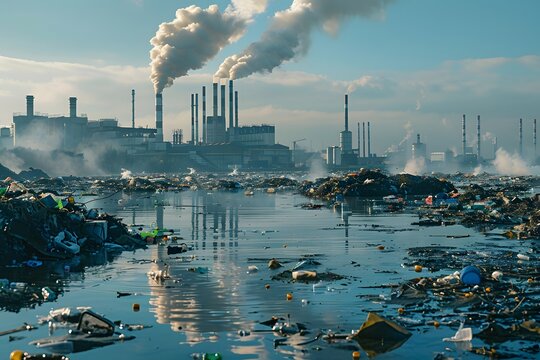Severe industrial pollution with a littered waterfront and smokestacks in the background, emphasizing environmental issues