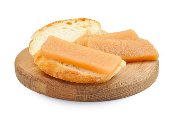 Delicious sweet quince paste and bread isolated on white