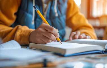 Student, hand and writing in book or classroom lesson for back to school education, stationery or learning. Person, pencil and university for scholarship assessment or project, notes or brainstorming