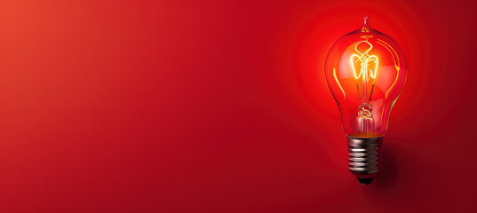 Glowing light bulb on a red background with copy space banner for creative idea and innovation concept