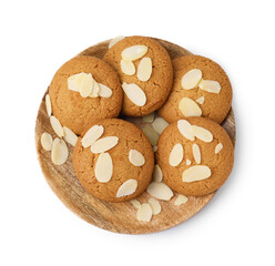 Cookies with fresh almond flakes isolated on white, top view
