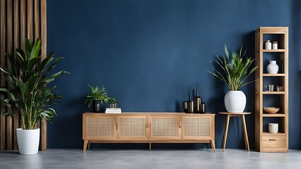  Living room with cabinet for tv on dark blue color wall background 