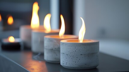 The flames dance delicately in the industrialchic concrete holders creating a mesmerizing display of light and shadow. 2d flat cartoon.