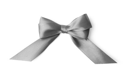 Grey satin ribbon bow on white background, top view
