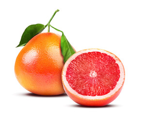 Fresh whole and cut grapefruits isolated on white