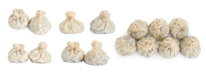 Delicious khinkali (dumplings) isolated on white, set