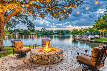 Outdoor stone firepit and stone porch with chairs and light strands on lake waterfront, exterior design