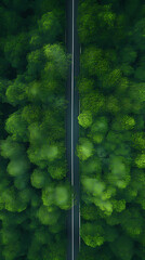 Aerial view of road through dense green forest from top down perspective - obrazy, fototapety, plakaty