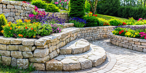 Terraced garden beds with stone retaining wall, hardscaping, landscaping, upscale luxury exterior home design, wide, banner