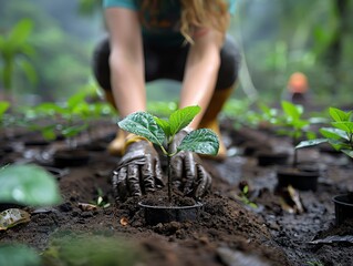 Volunteers planting trees in a deforested area, hands dirty with earth, hope sprouting anew
