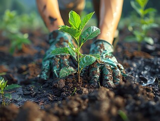 Volunteers planting trees in a deforested area, hands dirty with earth, hope sprouting anew