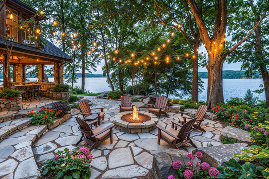 Stone firepit with chairs and light strands on lake waterfront, exterior backyard home design