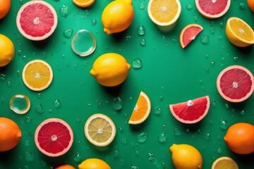 Slices of fresh juicy grapefruits, oranges, lemons in water splashes on green background. Citrus fruits cut in water drops. Summer freshness, poster design. Flat lay, top view