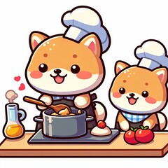 Cute Shiba inu dog chef cooking