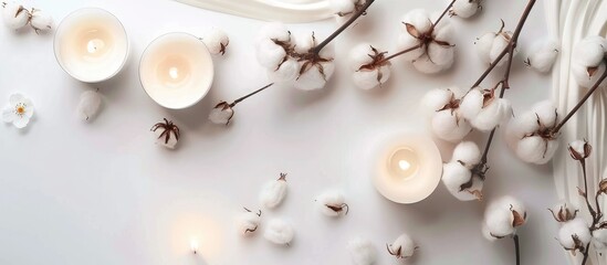 Spa setting with candles and cotton flowers against a white background. Flat lay, mock up image taken from above.