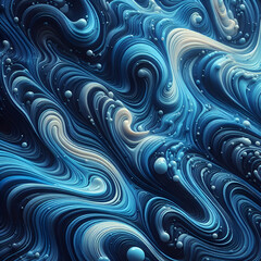 Abstract Blue & White Wavy Liquid Wallpaper.  Riding the Currents in Cosmic Fluid Dynamics Science. Aesthetic Calming Relax Ocean Waves. Motion Lines. Decorative Fractal. When Organic Water Goes Down