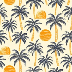 Simple Seamless Tropical Summer Pattern with Palm Trees and Sunny Beaches

