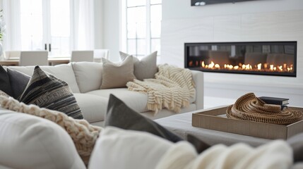 A chic and stylish living room features a fireplace with a customizable flame feature making it the perfect spot to unwind after a long day. 2d flat cartoon.