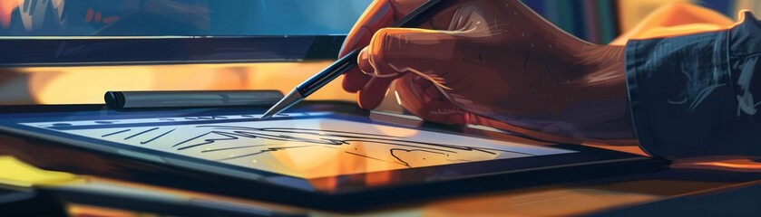 Digital banner design on graphic tablet, designers hands, sharp details, focused work light, closeup