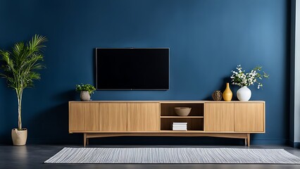  Living room with cabinet for tv on dark blue color wall background 