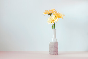 Yellow gerbera daisy flowers in vase against white wall. Copy space
