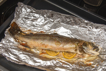 fish, smoked trout fried in aluminum foil