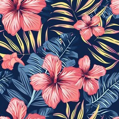 Seamless Blue Hawaiian shirt pattern with pink flowers